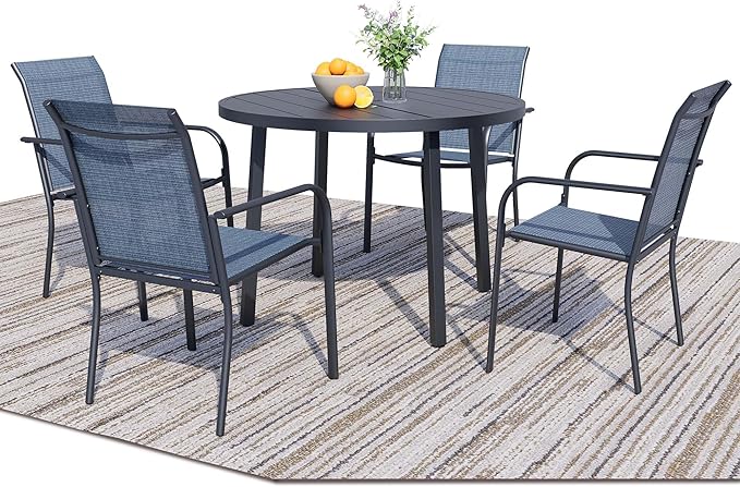 5 Pieces Round Dining Table Set for 4, Patio Dining Set Includes 4 Blue Stackable Patio Chairs and 1 Black Round Table, Patio Furniture Setss with Sling Support for Outside, Garden