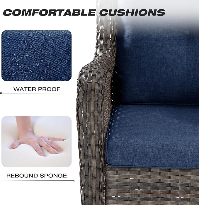 Joyside Patio Furniture Set 5-Piece Wicker Outdoor Furniture Conversational Set with 3-Seat Sofa, 2 Armchairs, 2 Ottoman Patio Rattan Wicker Sectional Sofa Set with Olefin Cushions(Mixed Grey/Blue)