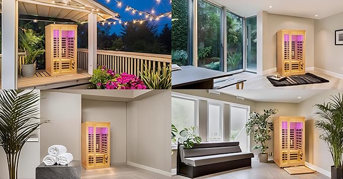 1-2 Person Infrared Sauna, Hemlock Wood Low EMF Far Infrared Saunas for Home, 1350watt Indoor Personal Sauna Room Box with APP Control, Glass Door, Blue-Tooth, LCD, LED Reading Light