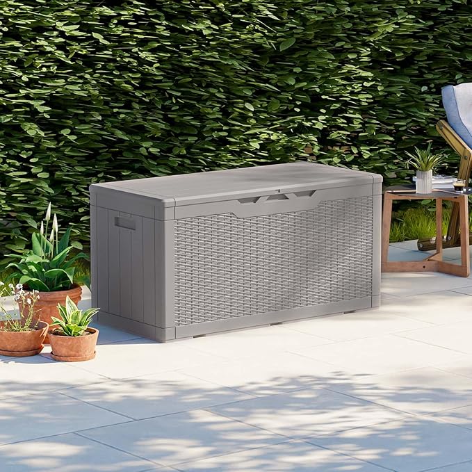 Patiolife 100 Gallon Resin Deck Box, Large Outdoor Storage Box for Garden Tools, Pool Supplies, Waterproof and Lockable, Grey