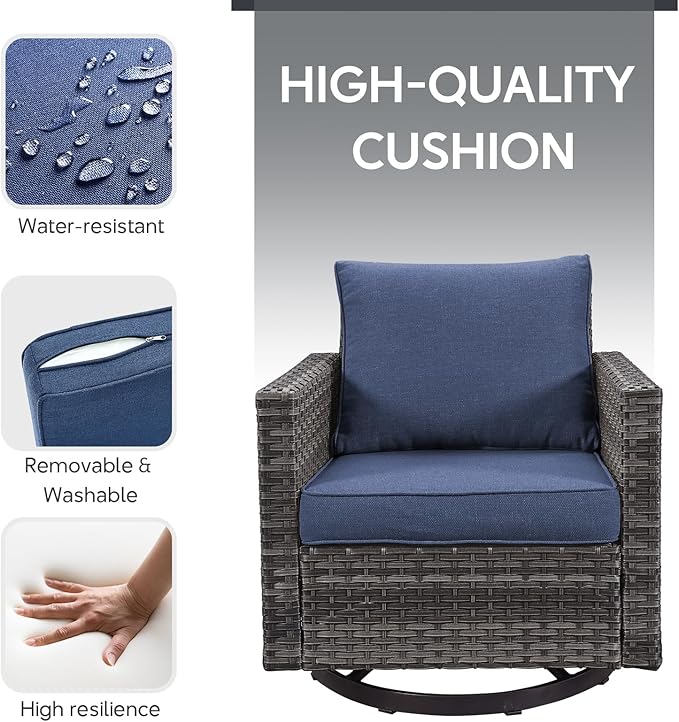 7 Piece Wicker Patio Furniture with Fire Pit Table - Outdoor Conversation Set with 50,000 BTU Fire Pit, All Weather Rattan Patio Set for Deck Backyard Garden - Grey Wicker Blue Cushion