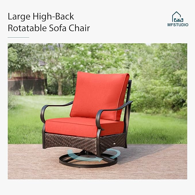 MFSTUDIO 4 Pieces Outdoor Patio Furniture Set, Metal Outdoor Conversation Set, Rattan Wicker Patio Sectional Sofa Set with 2 x Swivel Single Sofa, 2-Seat Sofa, 1 x Coffee Table, Red