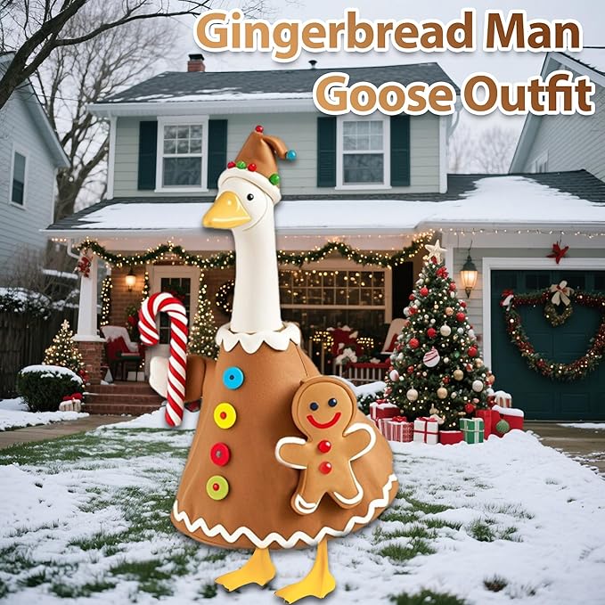Christmas Gingerbread Porch Goose Outfit for Large 23" High Cement or Plastic Goose Statue, Yard Goose Cloths Decor for Outdoor Lawn Gaden Patio