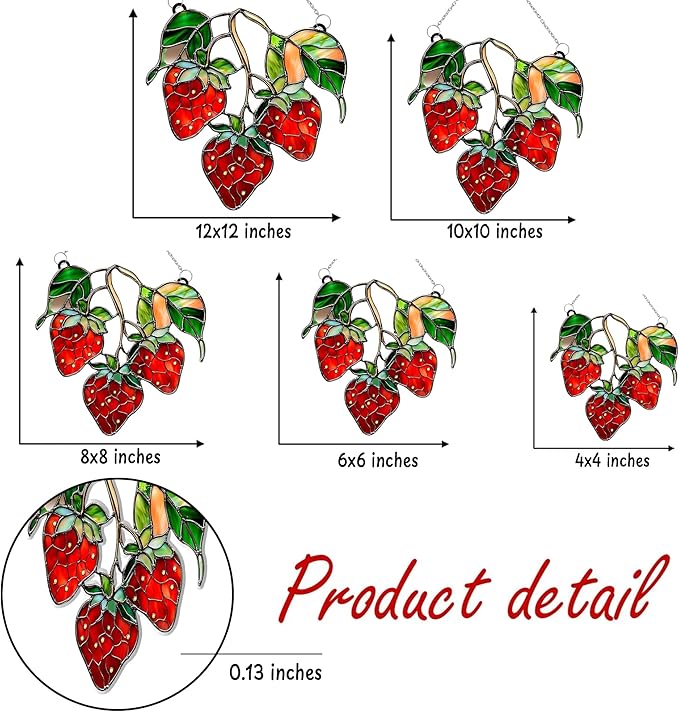 Strawberries Branch Acrylic Suncatcher Stained Glass Effect Window Car Hanging Christmas Ornament Indoor Outdoor Decor Garden Sun Catcher Panel for Berry Lover for Women Mom Grandma