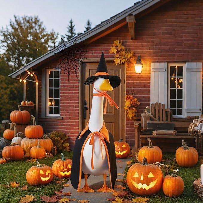 Halloween Porch Goose Outfit Set for 23'' Plastic Statue Lawn Porch Goose Clothes with Cloak Hat Costume for Indoor Outdoor Patio Yard Lawn Art Decor(Orange)
