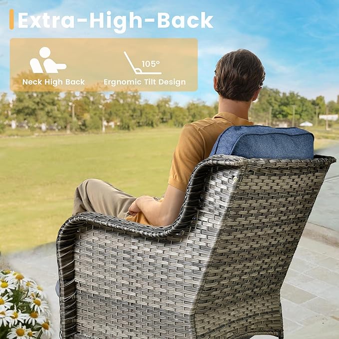 HOOOWOOO Patio Furniture Set,3 Piece Outdoor Furniture with Swivel Chairs,Wicker Patio Bistro Chairs Set,Denim Blue