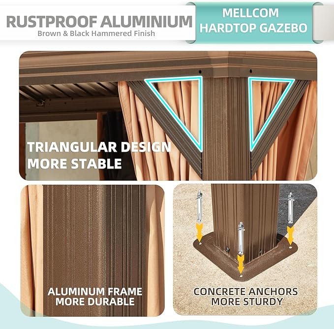 MELLCOM 12' x 24' Hardtop Gazebo,Galvanized Steel Metal Double Roof Aluminum Frame with Curtain and Netting,Brown Permanent Pavilion Gazebo with Aluminum Frame for Patios,Gardens,Lawns