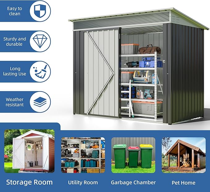 JY QAQA 6x4 FT Metal Outdoor Garden Storage Shed, Waterproof Metal Garden Sheds with Window and Lockable Double Door, Weather Resistant Steel Tool Storage House Shed for Patio,Lawn