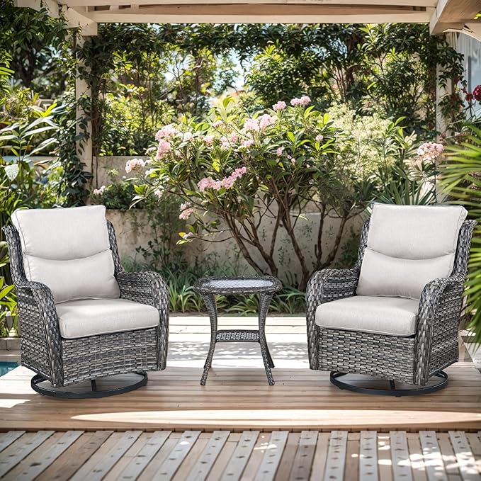 Patio Swivel Chairs with Smile-Shaped Cushions, 3 Piece High Back Patio Swivel Glider Chairs with Side Table 3PCS PE Rattan Luxury Swivel Patio Chairs Set Grey Wicker | Beige Cushions