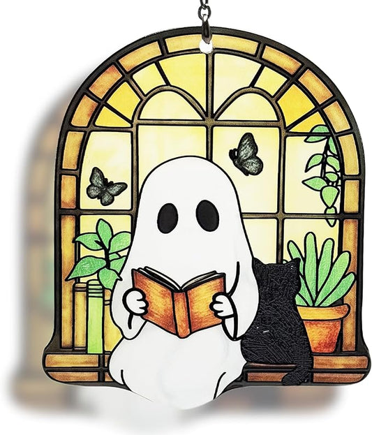 Ghost Black Cat Suncatcher, Ghost Reading Book Halloween Decor