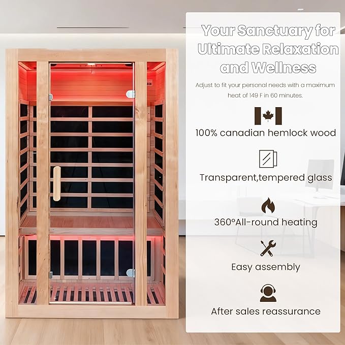 2 Person Infrared Sauna with Red Light Therapy, 1760W 120V Low EMF with Control Pane Home Indoor Dry Sauna Room for Gym & Spa, Made from Canadian Hemlock