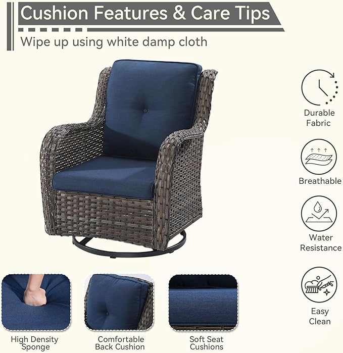 Outdoor Swivel Rocker Patio Chairs Set of 2 - Outdoor Wicker Patio Conversation Sets 2 Pieces with Olefin Fabric Cushions Suitable for Backyard Deck and Porch, Blue