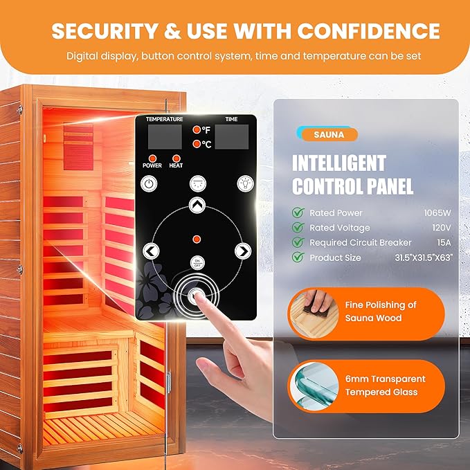 Far Infrared Sauna for Home 1 Person Indoor Wood Sauna Personal Spa Room 1065W 120V with Red Light Bluetooth Speakers 31.5"x31.5"x63"
