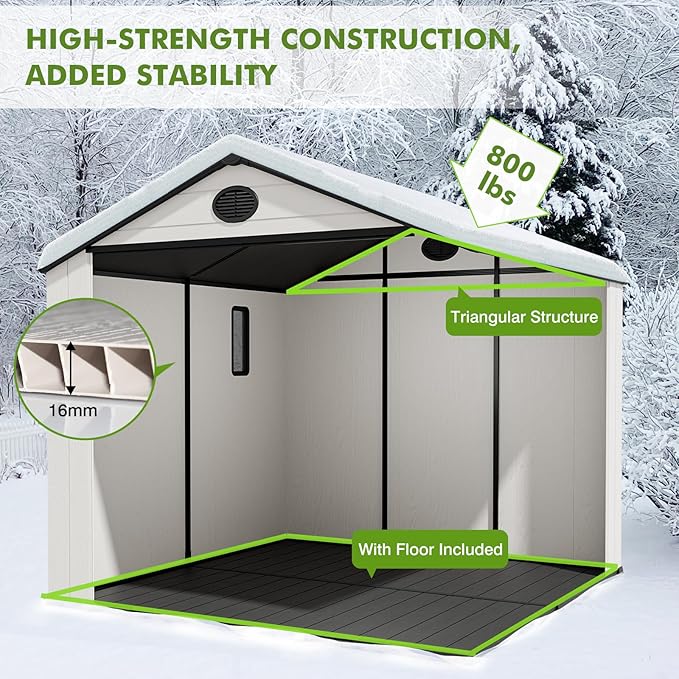COOS BAY 8x6 Outdoor Resin Storage Shed with Floor, 2 Lockable Doors, All-Weather Durable Garden Shed for Tools & Equipment, White/Gray