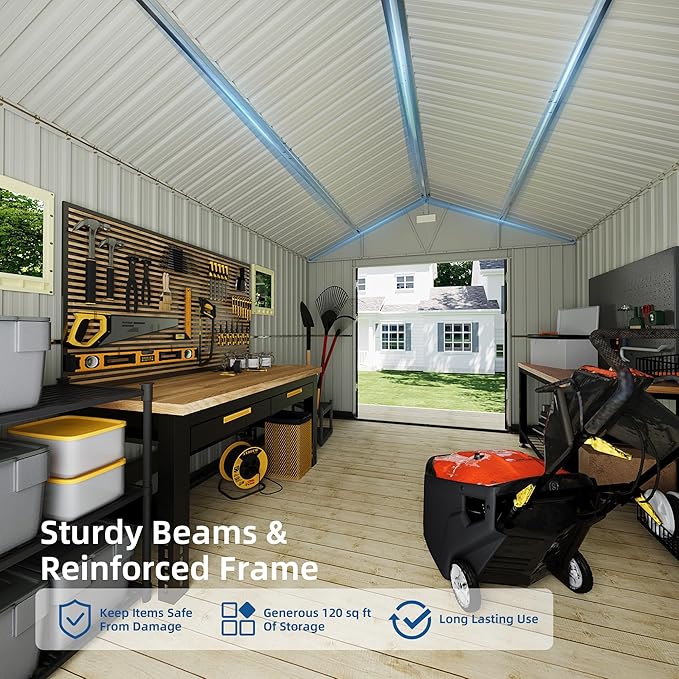 10x12 FT Outdoor Storage Shed, Garden Metal Shed with Lockable Doors & Window, Large Tool Shed for Backyard, Patio & Lawn