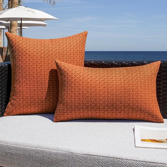 Kevin Textile Fall Outdoor Waterproof Throw Pillow Covers Pack of 2 Farmhouse Decorative Cushion Covers for Garden Patio Tent Balcony Bench Couch Sofa 16x16 Inch, Burnt Orange