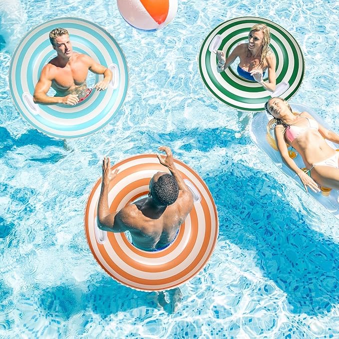 2 PCS Striped Pool Floats for Adults Swimming Rings Tube with Handles -Inflatable Pool Float Tube for Adults Pool Floats for The Beach, Party, Vacation