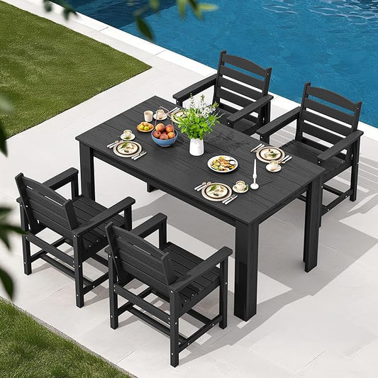 SERWALL HDPE Dining Set for 4, Outdoor Dining Sets for 4 Person with 1 Umbrella Hole Cut-Out Rectangular Table and 4 Chairs, Patio Dining Sets Black