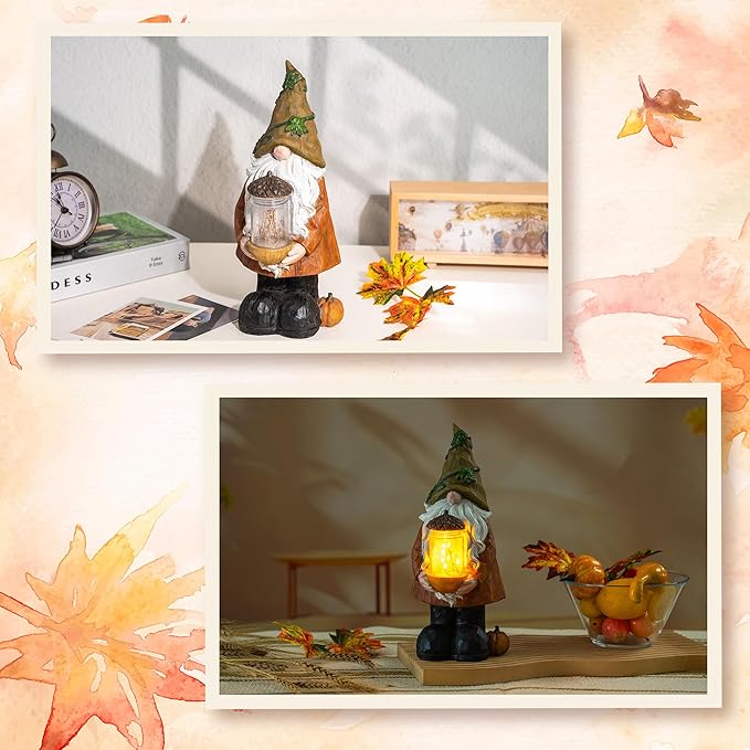 TZSSP Autumn Gnome Resin Figurine with LED Lights Thanksgiving Table Decorations for Harvest Festivals & Parties