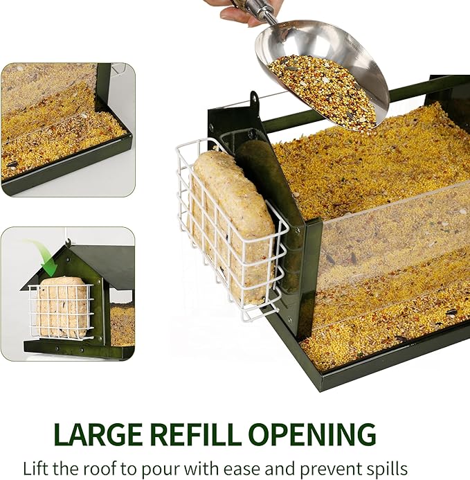 Solution4Patio Green Outdoors Hanging Bird Feeder, All Metal, Double Suet Cake and Large Capacity, Hopper Tray & Weatherproof for Finch, Cardinal & Chickadee #B101E01-US Squirrel-Proof
