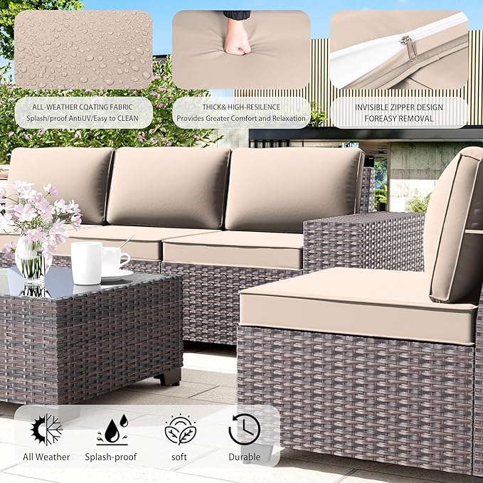 Outdoor Patio Furniture Set, 6 Pieces Outdoor Furniture All Weather Patio Sectional Sofa PE Wicker Modular Conversation Sets with Coffee Table,5 Chairs & Seat Clips Brown