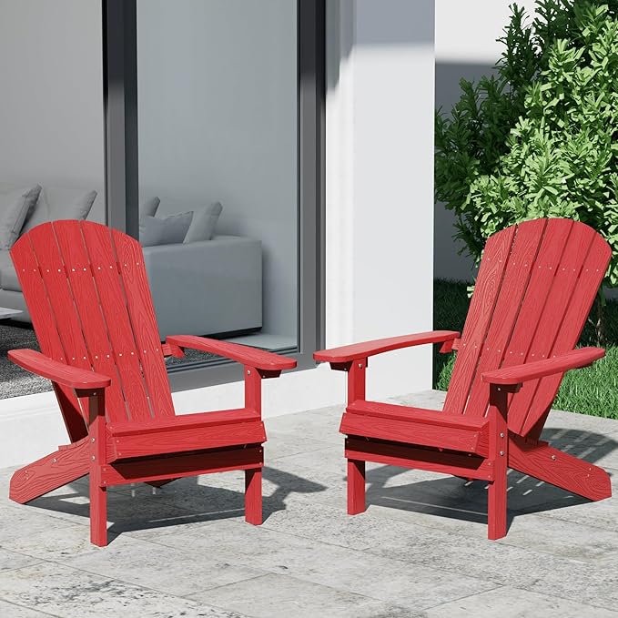 YEFU Adirondack Chairs Set of 2: Plastic Adirondack Chairs - Patio Chairs with Wood Texture - Outdoor Chair HIPS - Lawn Fire Pit Deck Porch Garden Chairs for Adults (Red)