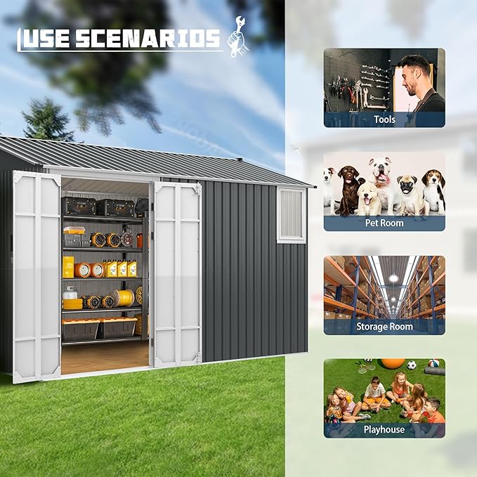 CHERY INDUSTRIAL.COM 8x12FT Outdoor Storage Shed Garden Shed Bike Storage Tool Shed with Metal Frame & Lockable Door for Patio Storage Lawn Mower Chicken Coop,Gray (Floor Base)