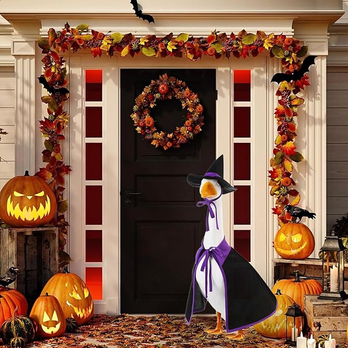 Halloween Porch Goose Outfit Set for 23'' Plastic Statue Lawn Porch Goose Clothes with Cloak Hat Costume for Indoor Outdoor Patio Yard Lawn Art Decor(Purple)