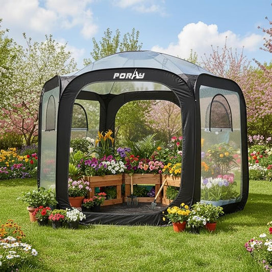 Porayhut Pop Up Greenhouse Tent,Portable Large Walk-in Plant House 10’X10’ ,Indoor Outdoor Gardening Plant Sunshine Room with PVC Mesh Cloth Cover for Protecting Plant from Cold Frost & Birds