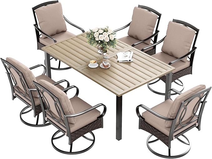 7 Piece Patio Dining Sets for 6, Outdoor Table and Chairs with Cushioned Wicker Swivel Patio Chairs & Wood-Like Dining Table (1.61-2”Umbrella Hole), Outdoor Dining Sets for Backyard