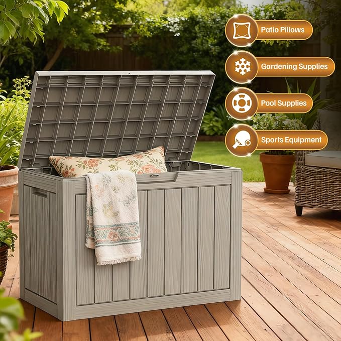 45 Gallon Deck Box, Small Outdoor Storage Box Waterproof, UV-Resistant and Weatherproof Outside Resin Storage Bin for Outdoor Patio Furniture Pillows, Pool Supplies, Garden Tools, Light Brown