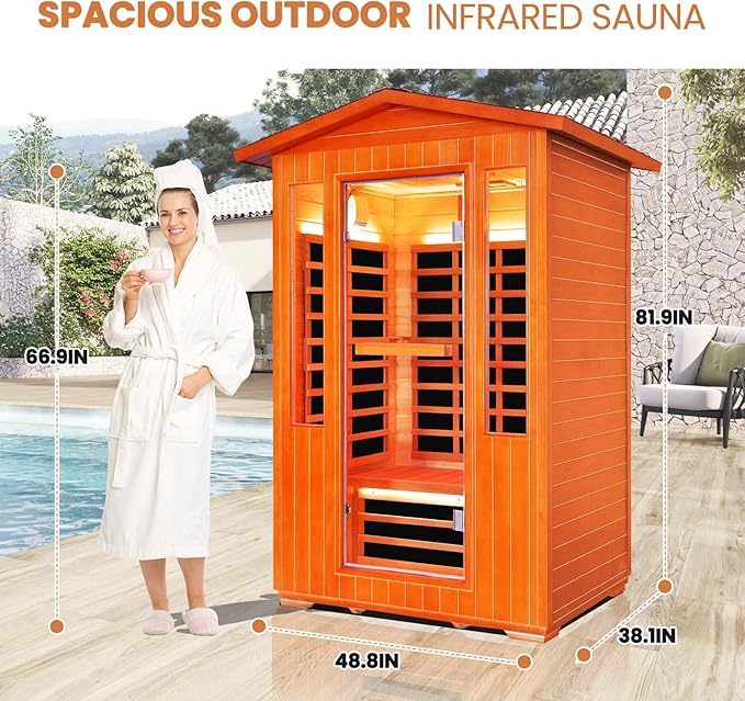 Outdoor Sauna 2 Person Sauna Infrared Saunas Dry Sauna Room 2080W/110V Low EMF Red Cedar and Canadian Fir Board Wood Sauna, Oxygen Bar, Speaker, LED Control Panel, Beauty Light - 48.8*38.2*81.9 IN