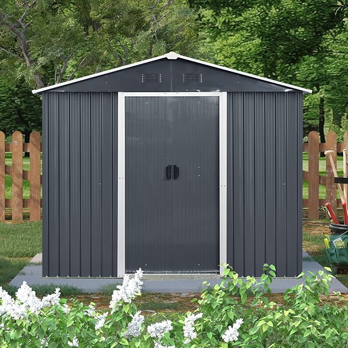 8x4 ft Outdoor Metal Storage Shed with Floor Foundation and Window, Lockable Galvanized Steel Tool Shed with Sliding Door and Air Vent, Waterproof Garden Storage House for Backyard, Patio