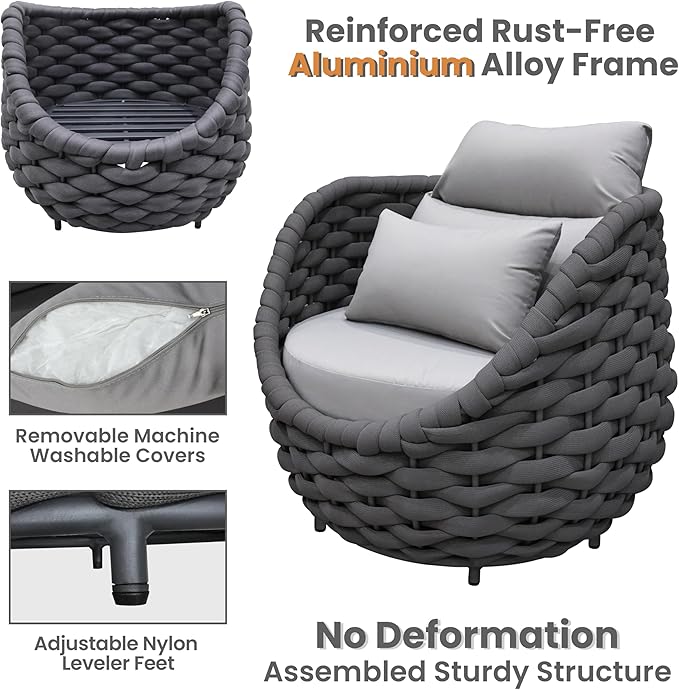 Patio Rope Armchair: Aluminum Woven Accent Chair - Cushioned Lounge Chair with Arms - Modern Garden Chair Assembled - All Weather Outdoor Seating Porch Furniture for 400lbs Deck Balcony Hotel
