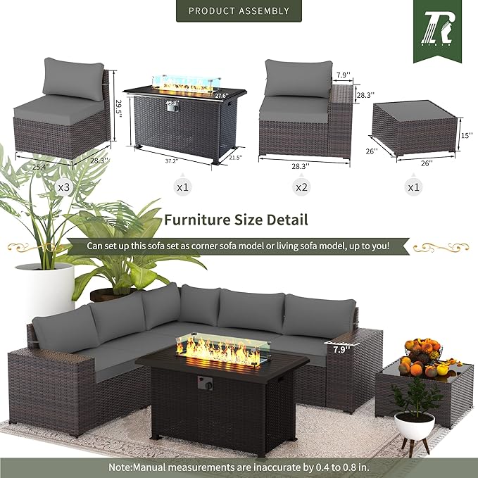 Outdoor Patio Furniture Set with Propane Fire Pit Table, 7 Pieces Outdoor Furniture Patio Sectional Sofa Conversation Sets w/ETL Approved 43" Gas Outdoor Fire Table & Coffee Table (Grey)
