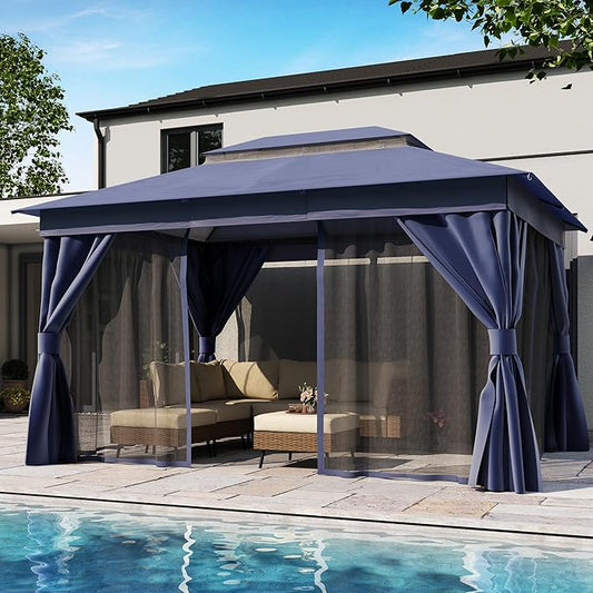 LAUSAINT HOME Outdoor Patio Gazebo 10'x13' with Expansion Bolts, Heavy Duty Gazebos Shelter Party Tent with Double Roofs, Mosquito Nettings and Privacy Screens for Backyard, Garden, Lawn, Navy Blue