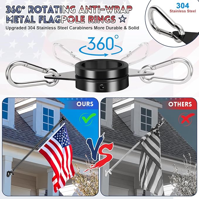 REERON Flag Pole for Outside House Porch Wall Mount, 7 FT 1" No Tangle Stainless Steel Spinning Flagpole Kit with 360° Metal Flag Pole Rings Clips & 2-Position Holder for 3x5' 4x6' American Flags