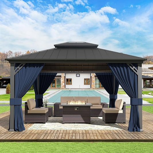 Gotland 12' x 14' Navy Hardtop Gazebo with Curtains and Netting, Double Roof Iron Metal Pergola for Patio, Garden, Lawn