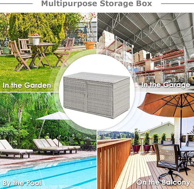 LDAILY Rattan Storage Box, Wicker Storage Box with 2 Shelves, Outdoor Deck Box, Backyard Garden Storage Box with Lid, Rattan Storage Box for Storing Accessories, Tools and Toys - Grey