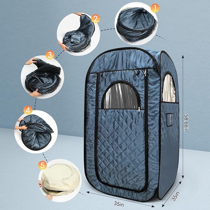 Portable Steam Sauna, Steam Saunas for Home, Personal Sauna for Home, Pop up Sauna Box Tent with 3 L Steamer, 9 Levels, UV Atomization,90 MinTimer, Remote Control, Folding Chair-Blue