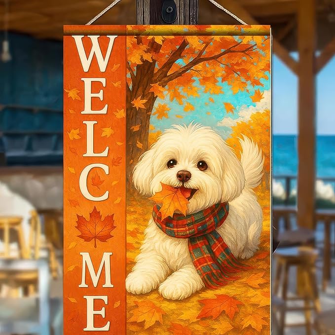 Thanksgiving Fall Garden Flag 12x18 Inch Welcome Bichon Frise Dog Outdoor Flag Double Sided Autumn Puppy Yard Banner with Plaid Scarf and Leaves Decor for Porch Lawn Patio