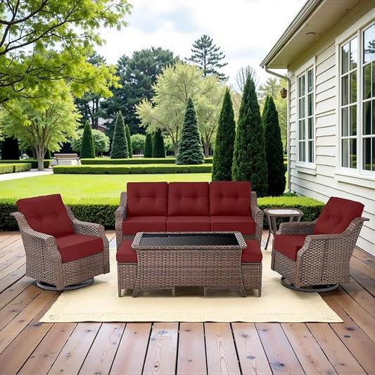 Belord 7 Piece Patio Furniture Set - High Back Swivel Rocker Glider Outdoor Chairs with 3-Seat Sofa and Ottoman, All-Weather Removable 6" Red Cushion for Patio Conversation and Family Reunion