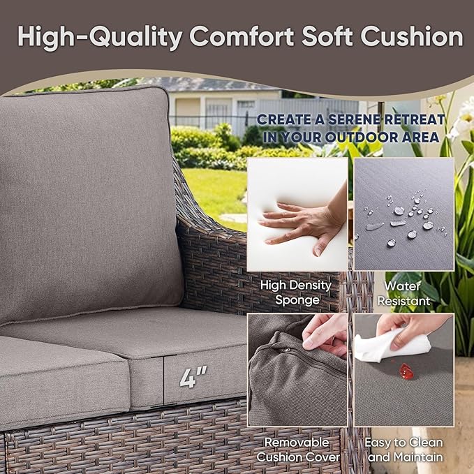 6 Pieces Outdoor Patio Furniture-High Back Rattan Wicker Couch with Outdoor Chairs Patio Conversation Sets for Porch Garden Backyard Poolside-Brown/Grey