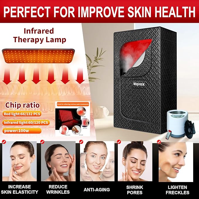Portable Infrared Sauna for Home, Indoor Sauna Infrared with Red Light Therapy, Includes 660 & 850nm Red Light Therapy Lamp, 3L Steamer, Upgraded Chair and Mat, 72'x 36'x 36', Black