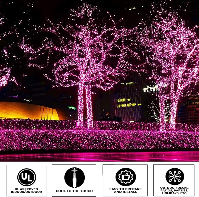 Vigdur 2 Pack 13ft 50 Count Outdoor String Lights on Pink Wire Cord, UL Approved for Indoor/Outdoors Use, Connectable 120V Clear Outdoor Lights for Xmas Patio Home Party Garden Decor(Pink)