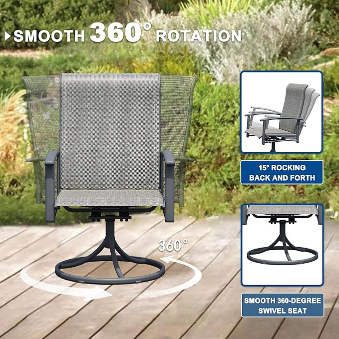 Patio Swivel Chairs Set of 4, Outdoor Swivel Chairs with Armrest, High Back Patio Chair with Metal Frame, All-Weather Outdoor Dining Chair for Deck, Porch and Lawn, Grey