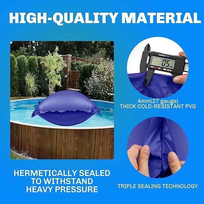 3 Pack Pool Pillow for for Above Ground Pools, 4x4 Ft Pool Air Pillow for Closing Winter Pool Winterizing Kit for Ground Pool, 0.5mm PVC Material, 2X 16.5Ft Rope (Blue)