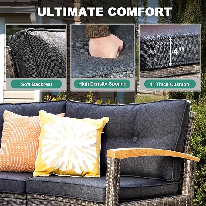 MEISSALIVVE 8 Piece Outdoor Patio Furniture Set, Half-Moon Curved Sectional Set with Wood Armrests, Patio Conversation Set, 2 Half-Moon Ottomans, Round Table & Side Table (Grey)