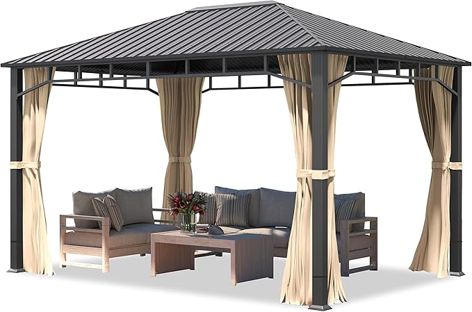 TOOLPORT Hardtop Gazebo 10x13 ft with Steel Roof - 4 Side Panels in Champagne - Approx. 3.54x3.54 in Aluminium Poles