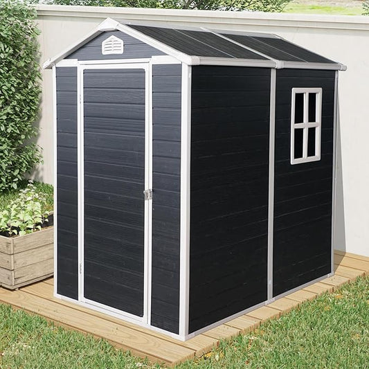 4x6ft Outdoor Storage Shed, Resin Patio Furniture Storage with Lockable Door, All-Weather，Garden Shed Kit with Reinforced Floor & Natural Light Window，UV Protection (Black, 4x6ft)